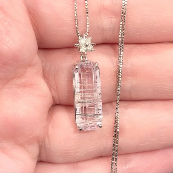 18K Rutilated Rose Quartz Diamond Necklace, White Gold, Floral, Pink Gem, Luxury